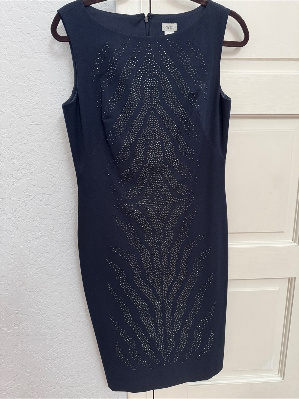 Cache Chic Navy Sleeveless Midi Dress with Rhinestone Pattern